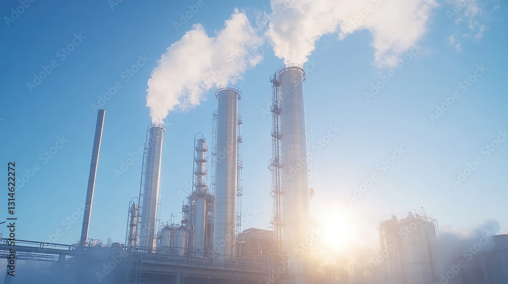 Industrial Plant with Tall Metal Towers and Steam Against a Clear Blue Sky Industrial Plant with Tall Metal Towers and Steam Against a Clear Blue Sky