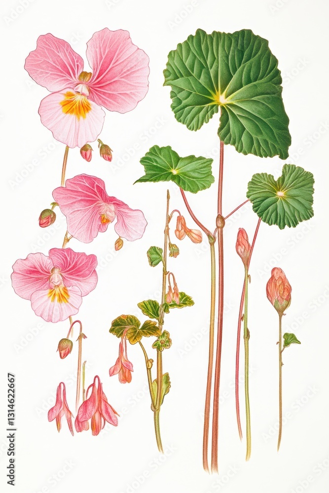 Obraz premium Detailed illustration of different parts of the begonia maculata plant showcasing its unique features