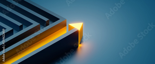 Abstract image of a yellow illuminated triangle at the exit of a dark blue maze, symbolizing solution, success, and breakthrough in problem-solving
