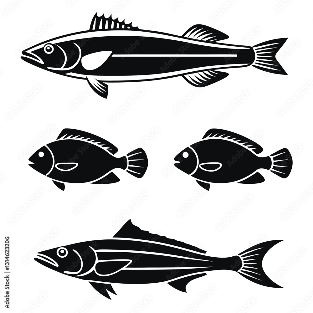 Fototapeta premium Fishing Themed Silhouettes of Butterflyfish, Eel, Rockfish, and Flying Fish
