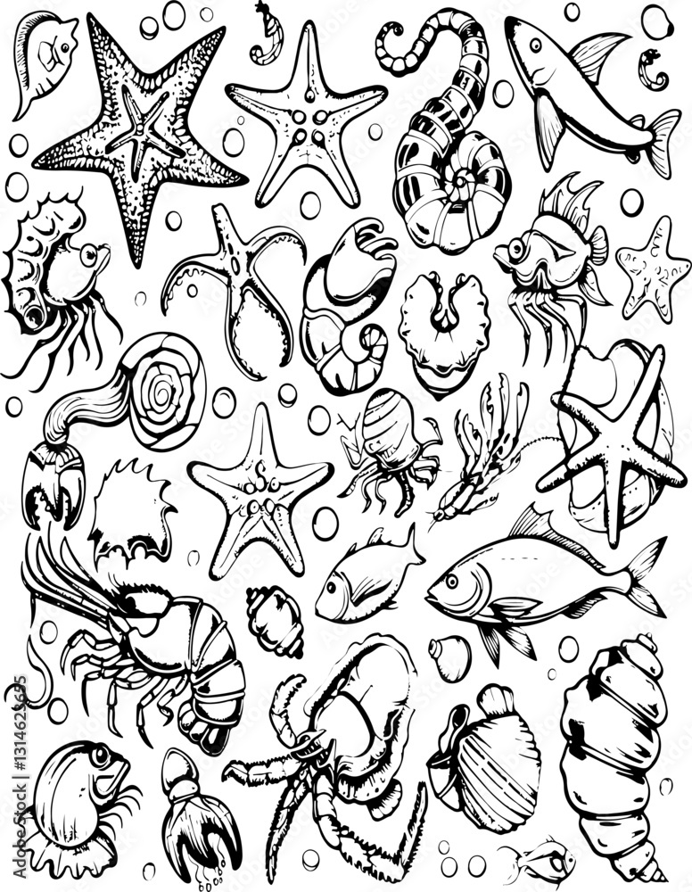 starfish, crab, jellyfish, octopus, submarine, pattern, vector, seamless, cartoon, animal, design, illustration, doodle, wallpaper, flower, art, set, drawing, sketch, decoration, floral, fish, cat, cu