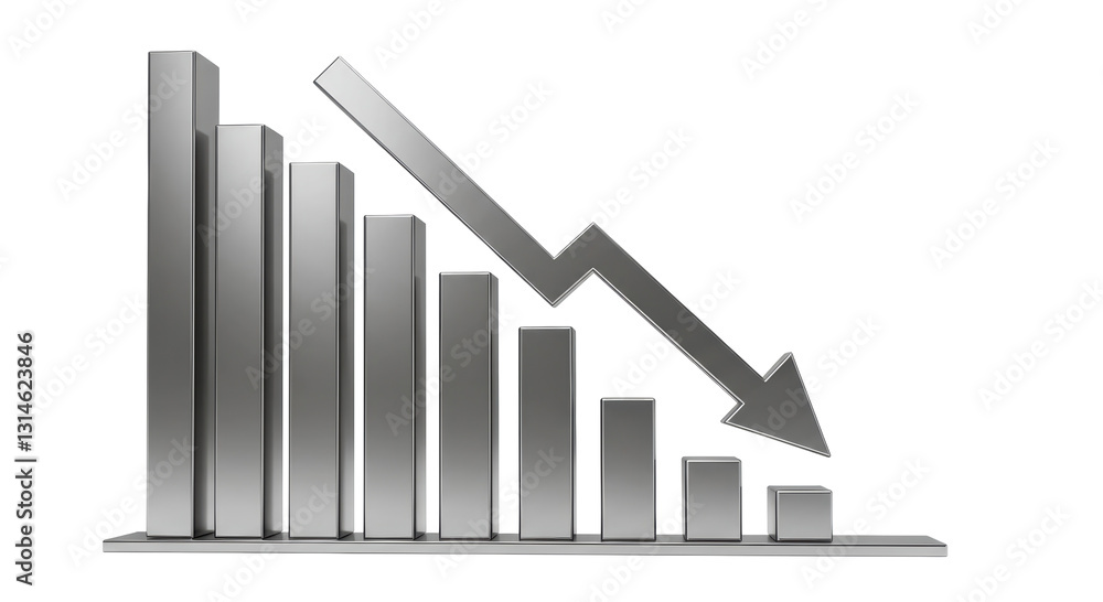 Isolated Declining Bar Graph with Arrow Pointing Downward: Business Downturn Isolated Declining Bar Graph with Arrow Pointing Downward: Business Downturn