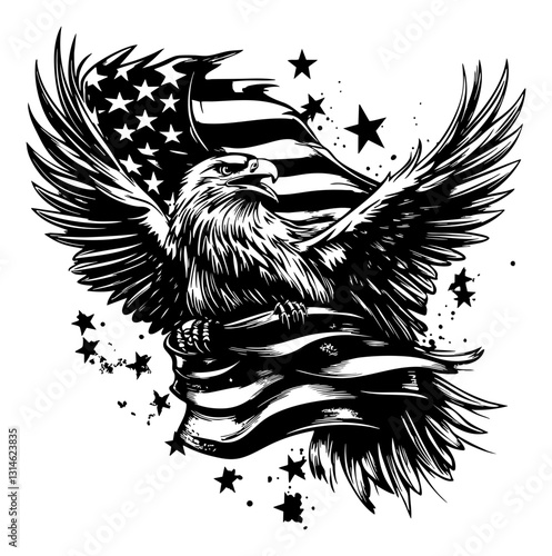 Eagle Hawk American Flag USA Patriotic Bird Animal Vector Graphic Silhouette Shape Clipart Digital Art Illustration