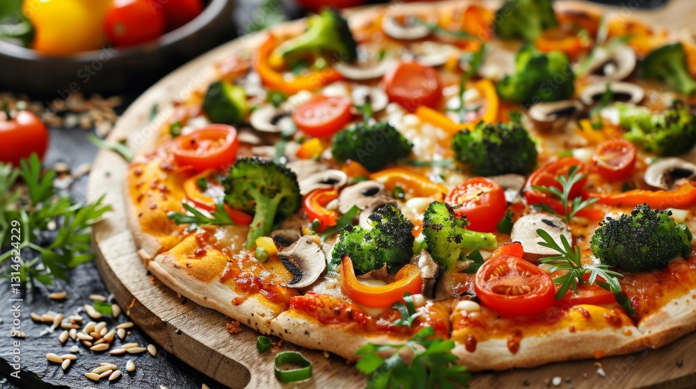 Healthy vegetable pizza with broccoli, mushrooms, and tomatoes on wooden board Healthy vegetable pizza with broccoli, mushrooms, and tomatoes on wooden board
