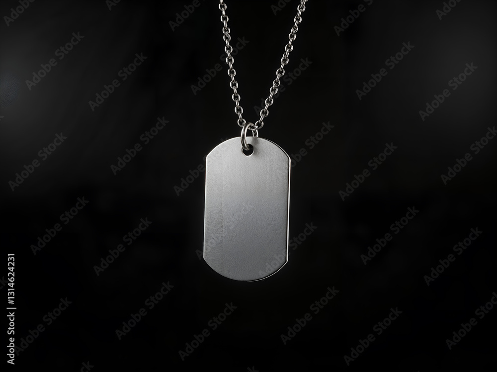 Fototapeta premium A metallic dog tag necklace on a dark background, symbolizing identity and military style. Generative AI