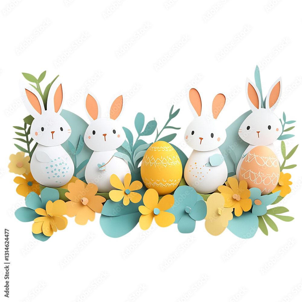 Obraz premium Cheerful Easter Banner with Paper Bunnies, Eggs, and Flowers Isolated on Transparent Background