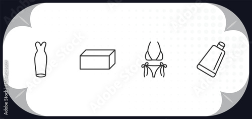 outline icons set - woman clothing concept. strapless tube dress, rectangular, string bikini, creme container black.