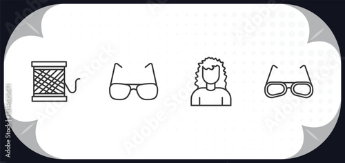 outline icons set - woman clothing concept. thread spool, rectangular eyeglasses, curling hair, glasses.
