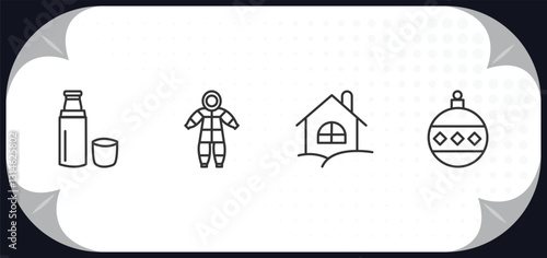 outline icons set - winter concept. themos flask, snowsuit, chalet, bauble.