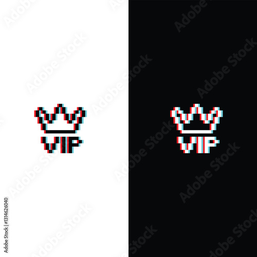 glitch effect vip  icon 8 bit, pixel art privilage 8 bit icon for game  logo. 