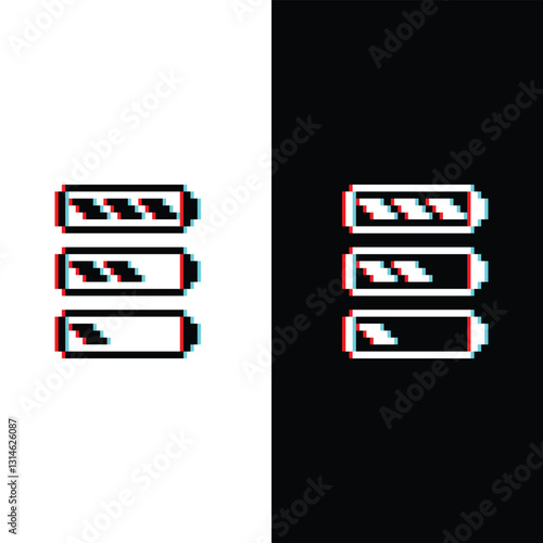 glitch effect battery charge icon 8 bit, pixel art  energy battery icon  for game  logo.