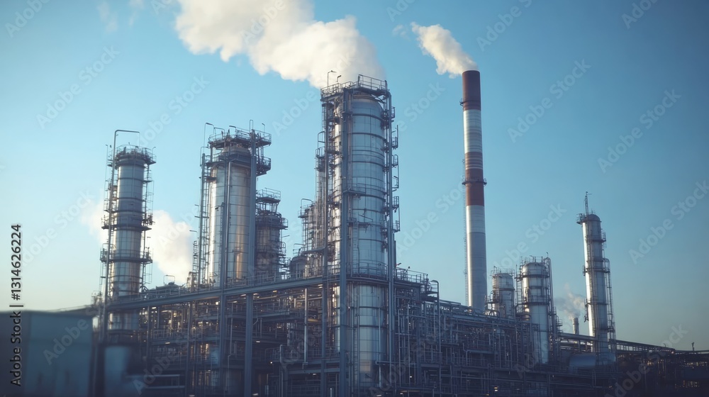 Industrial Refinery Complex: Steel Structures and Smoke Stacks Against a Blue Sky Industrial Refinery Complex: Steel Structures and Smoke Stacks Against a Blue Sky