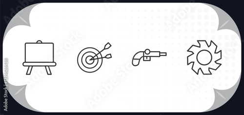 outline icons set - weapons concept. boards, objetive, musket, blade.