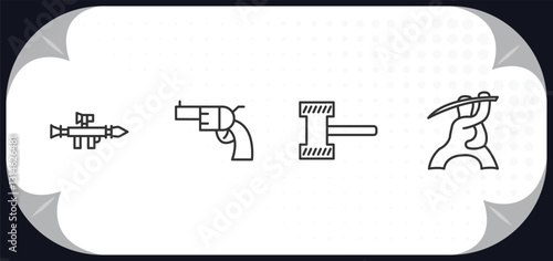 outline icons set - weapons concept. bazooka, revolvers, thor hammer, samurai.
