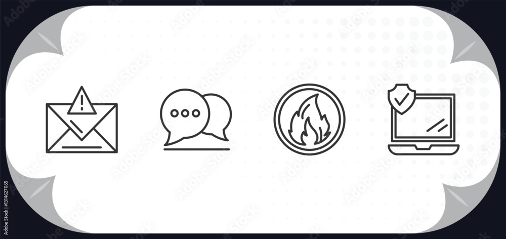 outline icons set - ultimate glyphicons concept. error message, message balloon, round flame, internet security. outline icons set - ultimate glyphicons concept. error message, message balloon, round flame, internet security.