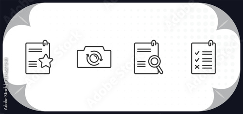 outline icons set - user interface concept. documents with a star, switch camera, search file, rule.