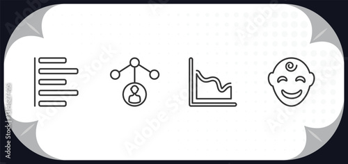 outline icons set - user interface concept. justified, user data analytics, multiple variable lines, smiles.