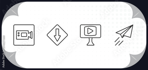 outline icons set - user interface concept. facetime, low, video in browser, paper plane flying.