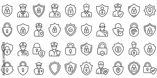 Editable stroke icons of security guards, padlocks and shields, representing safety, protection and privacy. Vector illustration