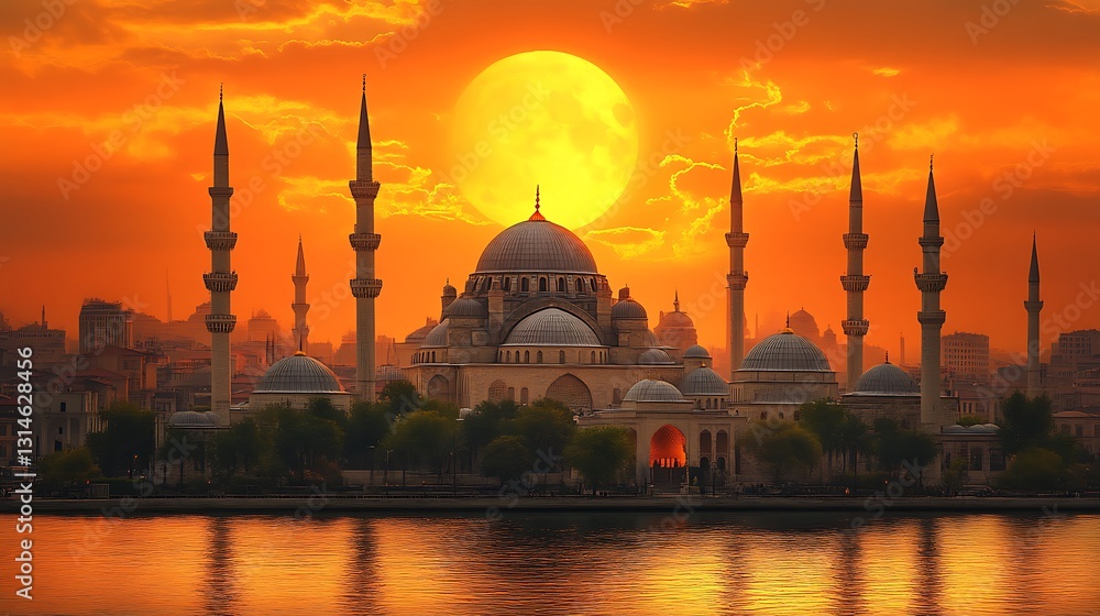 Obraz premium Majestic Mosque Silhouette Against a Fiery Sunset with a Full Moon in the Sky