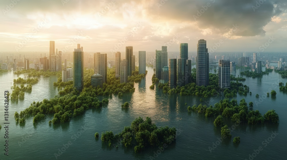 Fototapeta premium Flooded City At Sunset Aerial View Of Submerged Buildings And Lush