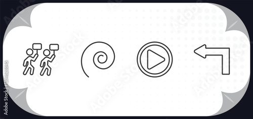 outline icons set - user interface concept. industrial action, spiral tool, play video button, left turn.