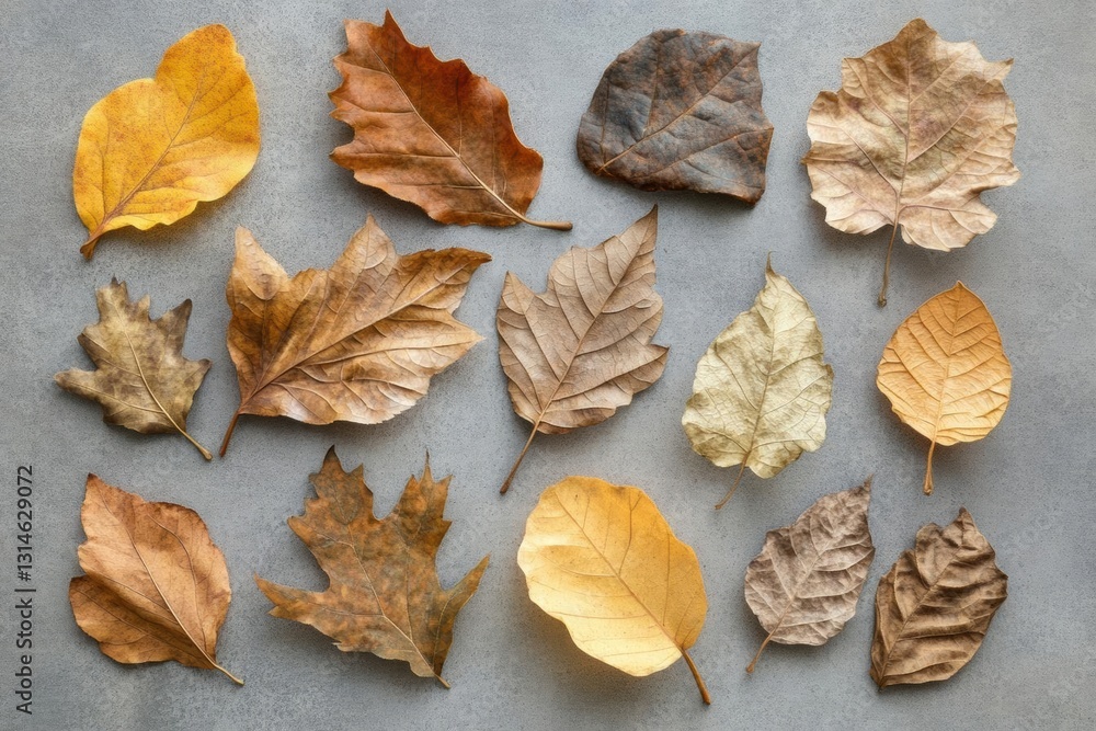 Autumn Leaves on Grey Background - A Natural Study of Fall Colors Autumn Leaves on Grey Background - A Natural Study of Fall Colors