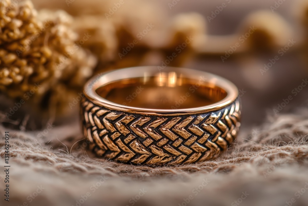A detailed image of a woven pattern ring on display A detailed image of a woven pattern ring on display