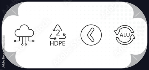 outline icons set - user interface concept. cloud with connection, hdpe 2, round left button, alu.