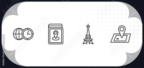 outline icons set - travel concept. time zone, map book, paris, unfolded map.