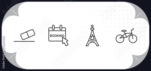 outline icons set - travel concept. rubber, booking, eiffel tower, bike.
