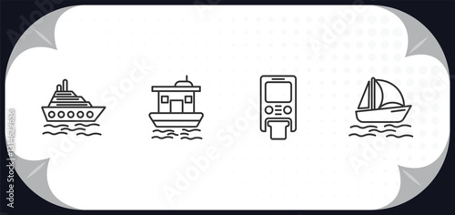 outline icons set - transportation concept. cruiser, houseboat, monorail, catamaran.