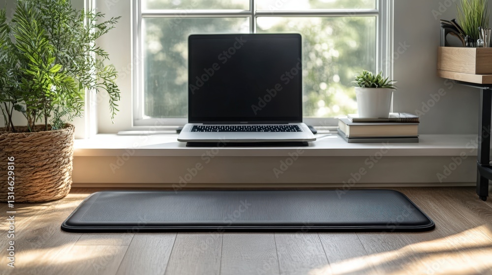 Laptop And Plants On Wooden Desk By Window Near Bookshelf And Matted Laptop And Plants On Wooden Desk By Window Near Bookshelf And Matted