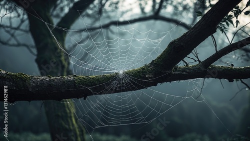 Close-up of a spider web on a branch of a tree.