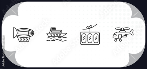 outline icons set - transportation concept. dirigible, ferry boat, funicular railway, military helicopter.