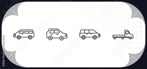 outline icons set - transportation concept. minivan, hatchback, people carrier, flatbed lorry.