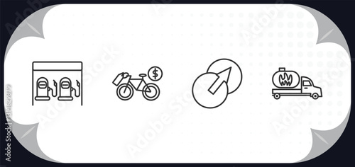 outline icons set - transport concept. petrol station, bicycle rental, transition, gas truck.