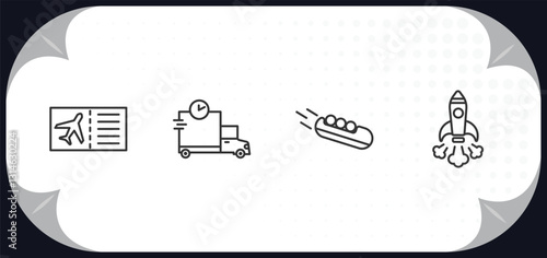 outline icons set - transport concept. plane tickets, shipping and delivery, bobsleigh, space rocket launch.