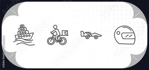 outline icons set - transport concept. ferry, delivery bike, formula 1, motorsport.