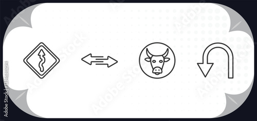 outline icons set - traffic signs concept. winding road, two ways, cattle, u turn.