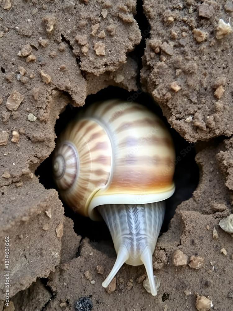 A snail with a patterned shell partially retracted into its home A snail with a patterned shell partially retracted into its home