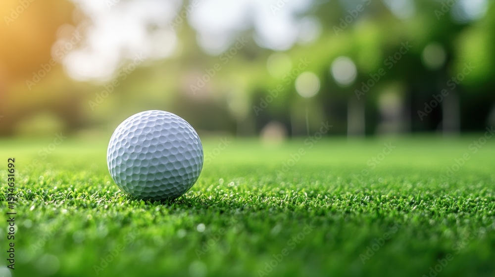 Closeup view of golf ball on green grass lawn
