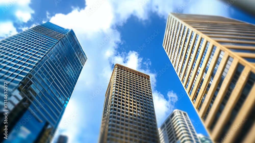 Low Angle View of Modern Skyscrapers Against a Blue Sky with Clouds Low Angle View of Modern Skyscrapers Against a Blue Sky with Clouds