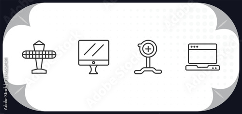 outline icons set - technology concept. solar plane, simple screen, pitching hine, open laptop.