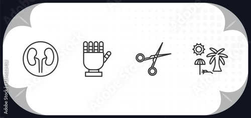 outline icons set - technology concept. dialysis, robotic hand, hairdressing tools, holidays.