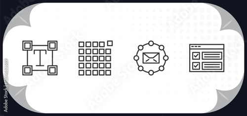 outline icons set - technology concept. text editor, pixels per inch, email marketing, selector.