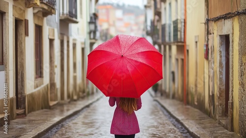 Woman, red umbrella, rainy cobblestone street, European town, travel