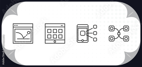 outline icons set - technology concept. bounce rate, web apps, content curation, data modelling.
