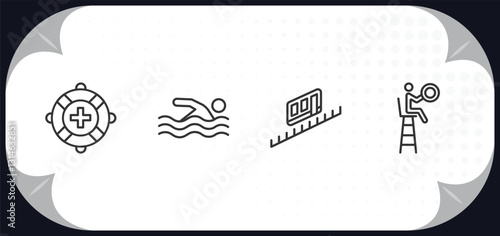 outline icons set - summer concept. lifeguard, swimming person, funicular, life guard.