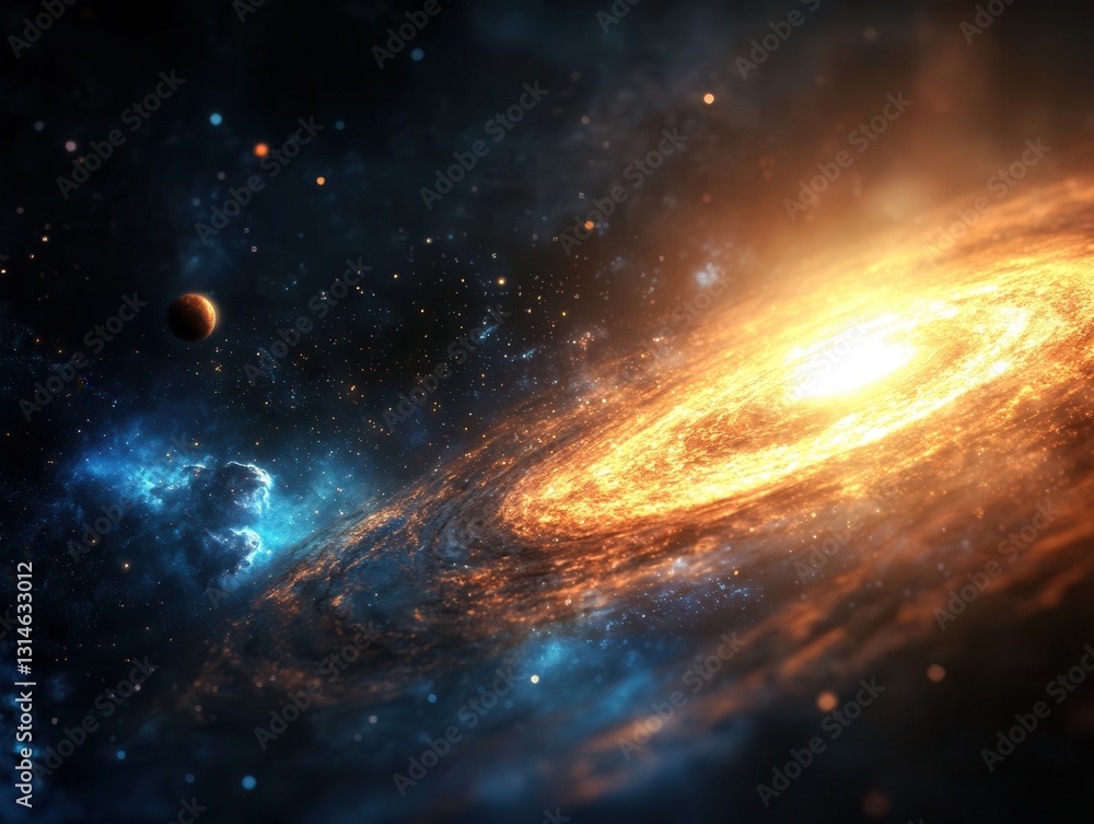 Exploring the cosmic wonders of a swirling galaxy with a radiant black hole at its heart and vibrant celestial bodies nearby. Generative AI Exploring the cosmic wonders of a swirling galaxy with a radiant black hole at its heart and vibrant celestial bodies nearby. Generative AI